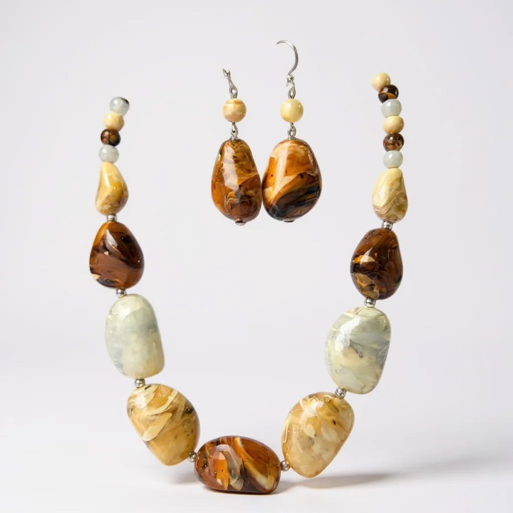 Multi Brown And Cream Natural Colors Lucite Bead Necklace Earring Set